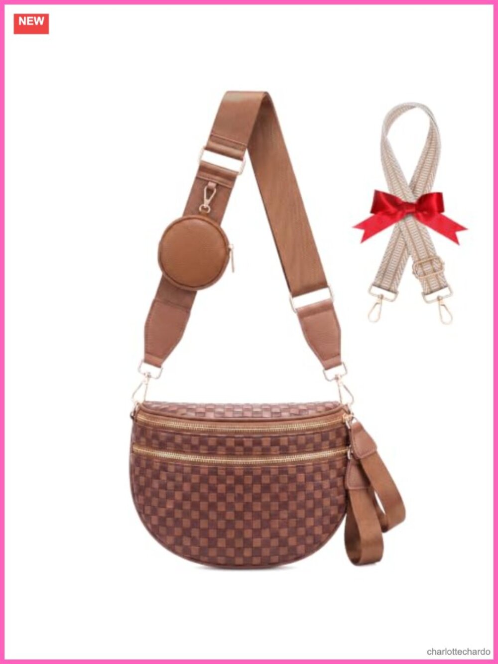 Woven Checkered PU Leather Crossbody Bag with Detachable Strap and Coin Pouch